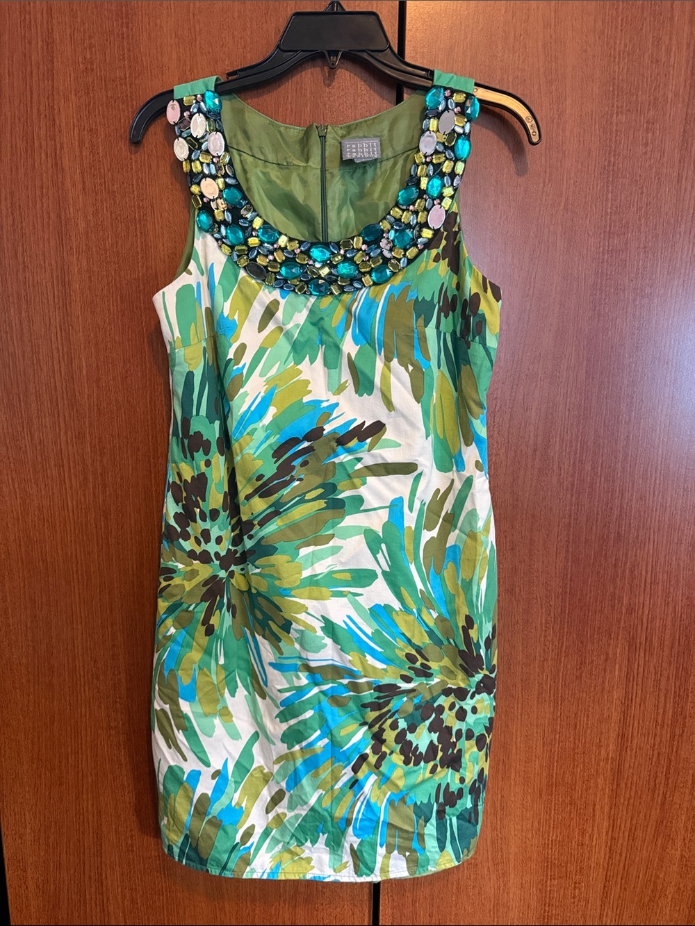 Rabbit Rabbit Rabbit 2000s Green Multi Floral Jeweled Shift Dress